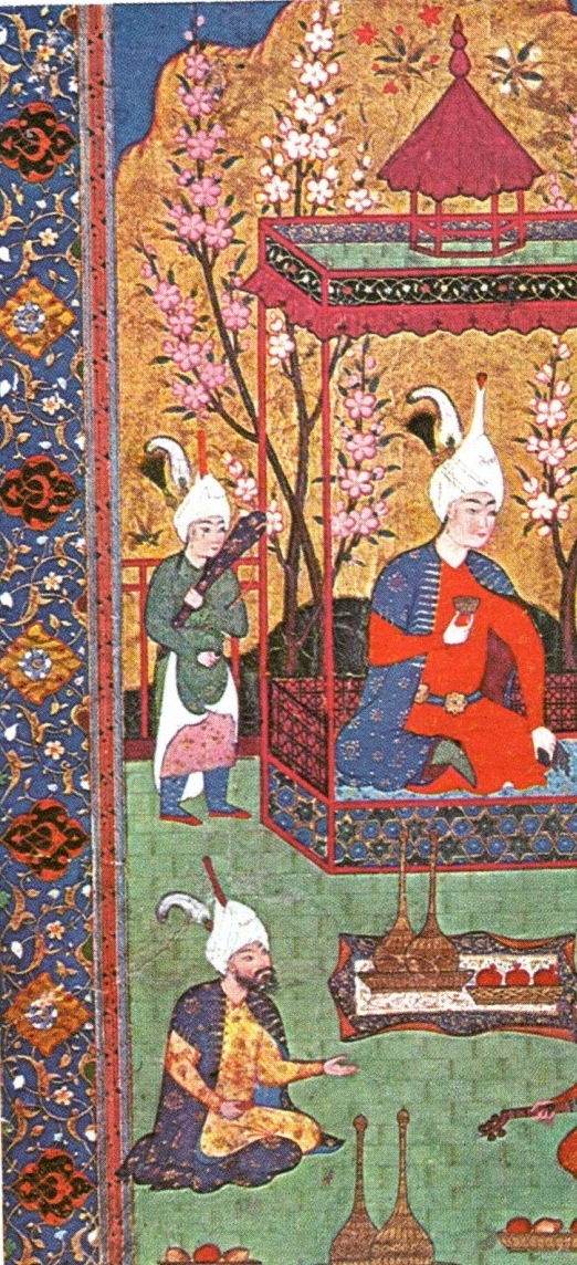 Persian court miniature, era of Shah Tahmasp (1524&ndash;1576). The figures sit 